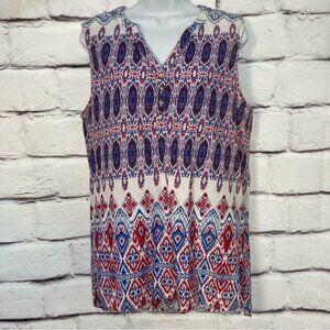 Basic Editions Red White and Blue Bohemian Print Loose Tank Size M Cotton SZ M